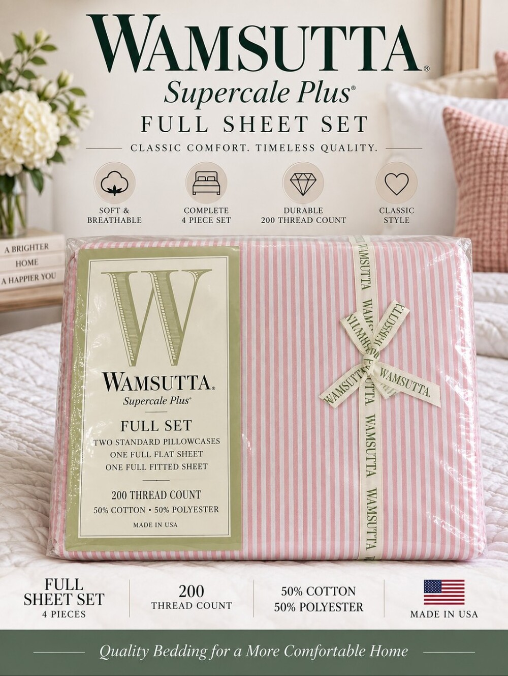 NWT Vintage Wamsutta Supercale Plus Full Sheet Set Pink Stripe 200 TC